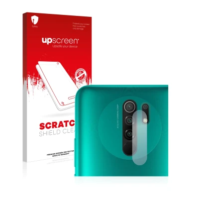 Parte frontal de un envase de producto con el logotipo de la marca upscreen. Al lado se muestra el dispositivo Xiaomi Redmi 9 