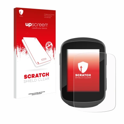 Parte frontal de un envase de producto con el logotipo de la marca upscreen. Al lado se muestra el dispositivo Garmin Edge 130