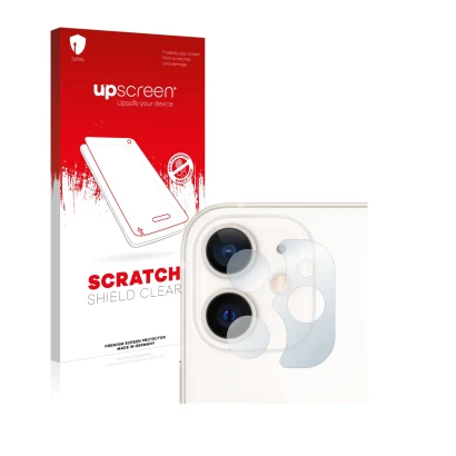 Parte frontal de un envase de producto con el logotipo de la marca upscreen. Al lado se muestra el dispositivo Apple iPhone 12