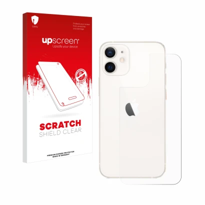 Parte frontal de un envase de producto con el logotipo de la marca upscreen. Al lado se muestra el dispositivo Apple iPhone 12