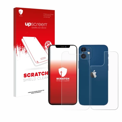 Parte frontal de un envase de producto con el logotipo de la marca upscreen. Al lado se muestra el dispositivo Apple iPhone 12