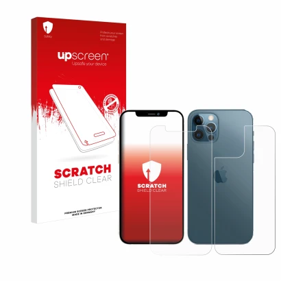Parte frontal de un envase de producto con el logotipo de la marca upscreen. Al lado se muestra el dispositivo Apple iPhone 12