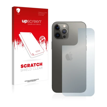 Parte frontal de un envase de producto con el logotipo de la marca upscreen. Al lado se muestra el dispositivo Apple iPhone 12