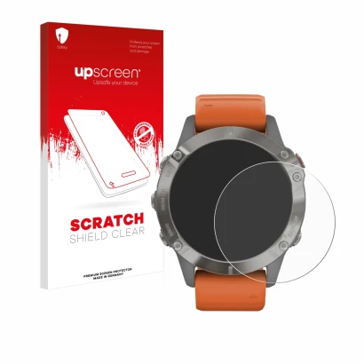 Parte frontal de un envase de producto con el logotipo de la marca upscreen. Al lado se muestra el dispositivo Garmin Fenix 6 