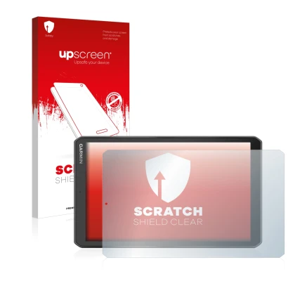 Parte frontal de un envase de producto con el logotipo de la marca upscreen. Al lado se muestra el dispositivo Garmin Camper 8