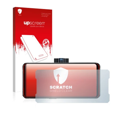 Parte frontal de un envase de producto con el logotipo de la marca upscreen. Al lado se muestra el dispositivo Lenovo Legion D
