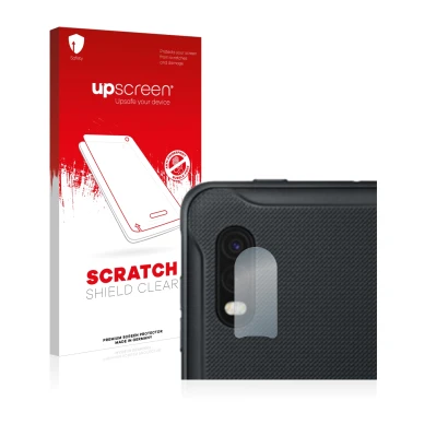 Parte frontal de un envase de producto con el logotipo de la marca upscreen. Al lado se muestra el dispositivo Samsung Galaxy