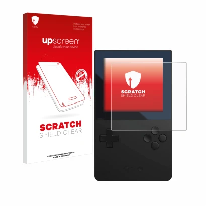 Parte frontal de un envase de producto con el logotipo de la marca upscreen. Al lado se muestra el dispositivo Analogue Pocket