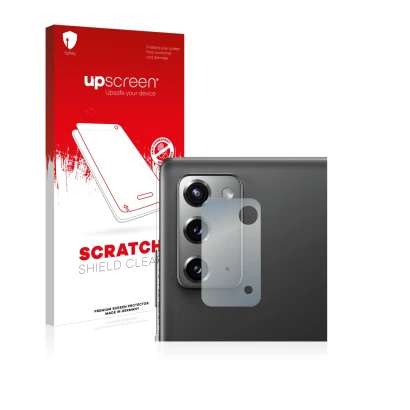 Parte frontal de un envase de producto con el logotipo de la marca upscreen. Al lado se muestra el dispositivo Samsung Galaxy