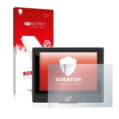 Parte frontal de un envase de producto con el logotipo de la marca upscreen. Al lado se muestra el dispositivo Coyote UP con s
