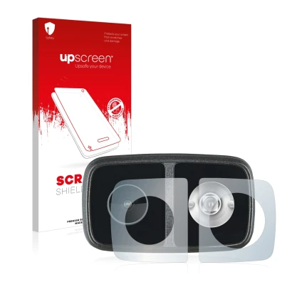 Parte frontal de un envase de producto con el logotipo de la marca upscreen. Al lado se muestra el dispositivo Cycliq Fly12 CE