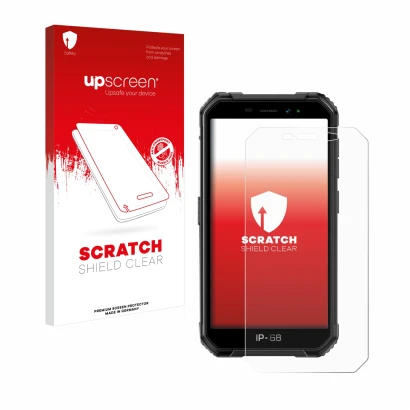Parte frontal de un envase de producto con el logotipo de la marca upscreen. Al lado se muestra el dispositivo Ulefone Armor X