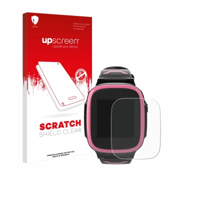Parte frontal de un envase de producto con el logotipo de la marca upscreen. Al lado se muestra el dispositivo Xplora X5 Play