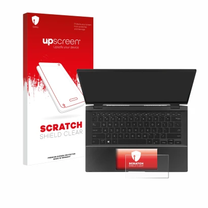 Parte frontal de un envase de producto con el logotipo de la marca upscreen. Al lado se muestra el dispositivo ASUS ZenBook Fl