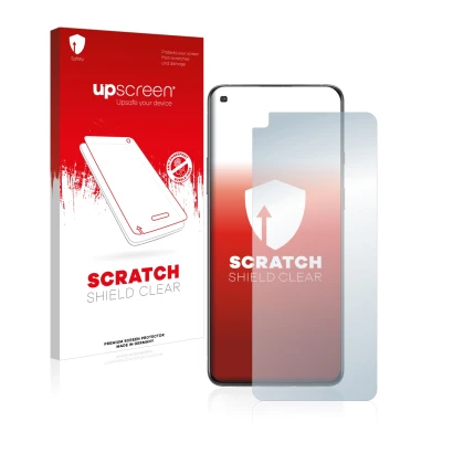 Parte frontal de un envase de producto con el logotipo de la marca upscreen. Al lado se muestra el dispositivo OnePlus 8T con 