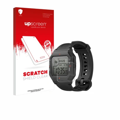 Parte frontal de un envase de producto con el logotipo de la marca upscreen. Al lado se muestra el dispositivo Huami Amazfit N