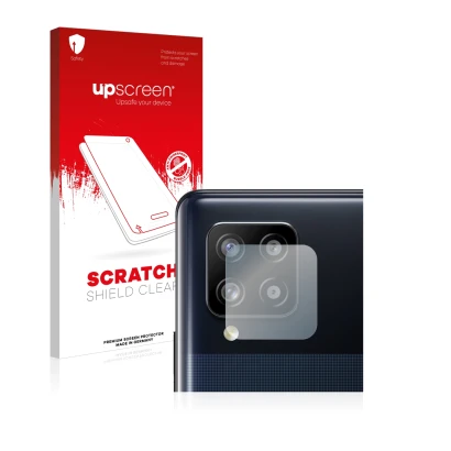Parte frontal de un envase de producto con el logotipo de la marca upscreen. Al lado se muestra el dispositivo Samsung Galaxy