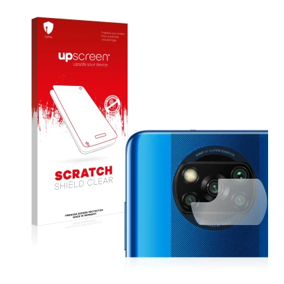 Parte frontal de un envase de producto con el logotipo de la marca upscreen. Al lado se muestra el dispositivo Xiaomi Poco X3