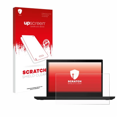 Parte frontal de un envase de producto con el logotipo de la marca upscreen. Al lado se muestra el dispositivo Lenovo ThinkPad
