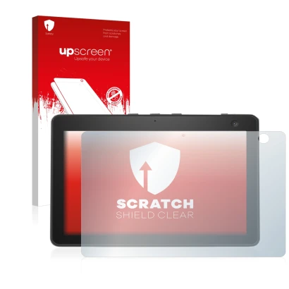 Parte frontal de un envase de producto con el logotipo de la marca upscreen. Al lado se muestra el dispositivo Amazon Echo Sho