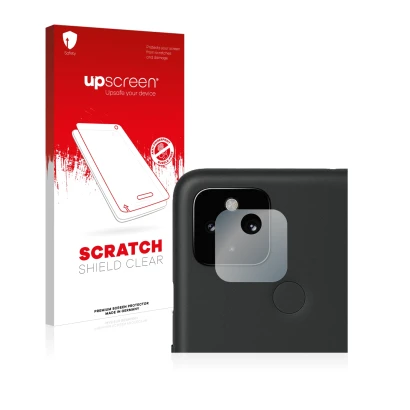 Parte frontal de un envase de producto con el logotipo de la marca upscreen. Al lado se muestra el dispositivo Google Pixel 4a