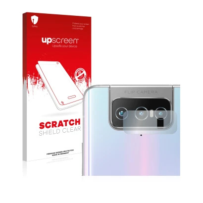 Parte frontal de un envase de producto con el logotipo de la marca upscreen. Al lado se muestra el dispositivo ASUS Zenfone 7 