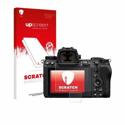 Parte frontal de un envase de producto con el logotipo de la marca upscreen. Al lado se muestra el dispositivo Nikon Z 6 II co