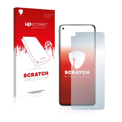 Parte frontal de un envase de producto con el logotipo de la marca upscreen. Al lado se muestra el dispositivo OnePlus 8T Plus