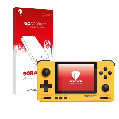 Parte frontal de un envase de producto con el logotipo de la marca upscreen. Al lado se muestra el dispositivo Retroid Pocket