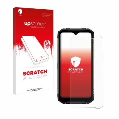 Parte frontal de un envase de producto con el logotipo de la marca upscreen. Al lado se muestra el dispositivo Doogee S96 Pro