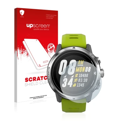 Parte frontal de un envase de producto con el logotipo de la marca upscreen. Al lado se muestra el dispositivo Coros Apex Pro