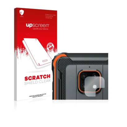 Parte frontal de un envase de producto con el logotipo de la marca upscreen. Al lado se muestra el dispositivo Blackview BV490