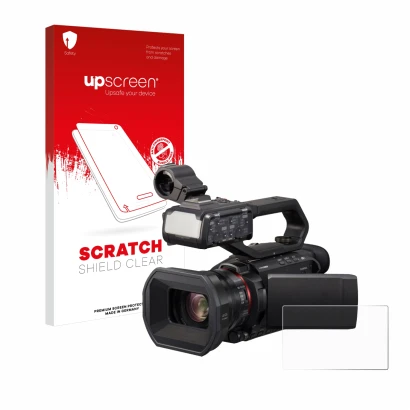 Parte frontal de un envase de producto con el logotipo de la marca upscreen. Al lado se muestra el dispositivo Panasonic HC-X2