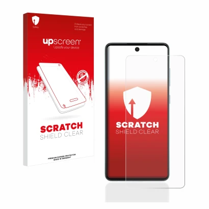 Parte frontal de un envase de producto con el logotipo de la marca upscreen. Al lado se muestra el dispositivo Samsung Galaxy 