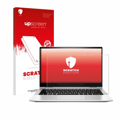 Parte frontal de un envase de producto con el logotipo de la marca upscreen. Al lado se muestra el dispositivo HP EliteBook x3