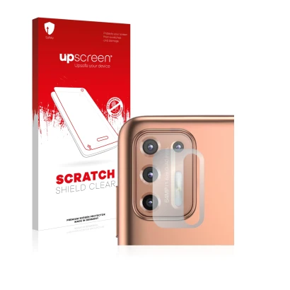 Parte frontal de un envase de producto con el logotipo de la marca upscreen. Al lado se muestra el dispositivo Motorola Moto G