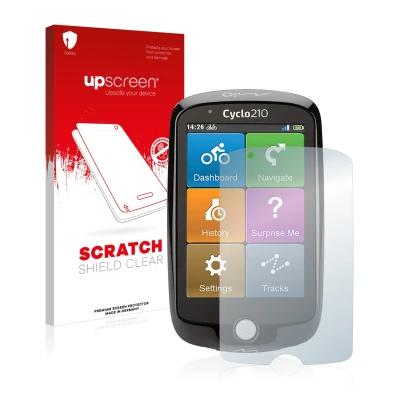 Parte frontal de un envase de producto con el logotipo de la marca upscreen. Al lado se muestra el dispositivo Mio Cyclo 210 c