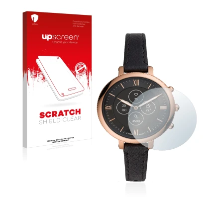 Parte frontal de un envase de producto con el logotipo de la marca upscreen. Al lado se muestra el dispositivo Fossil Monroe H