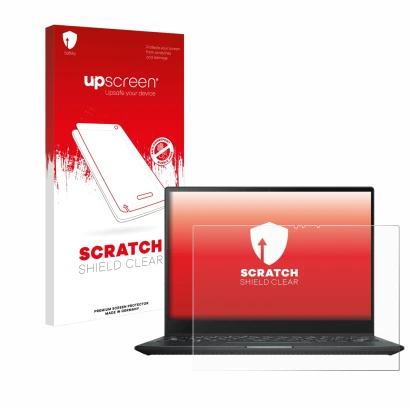 Parte frontal de un envase de producto con el logotipo de la marca upscreen. Al lado se muestra el dispositivo ASUS Rog Flow X