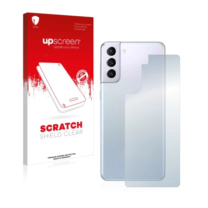 Parte frontal de un envase de producto con el logotipo de la marca upscreen. Al lado se muestra el dispositivo Samsung Galaxy