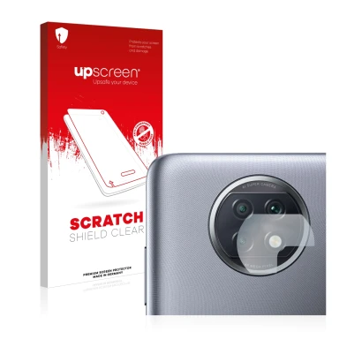 Parte frontal de un envase de producto con el logotipo de la marca upscreen. Al lado se muestra el dispositivo Xiaomi Redmi No