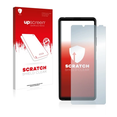 Parte frontal de un envase de producto con el logotipo de la marca upscreen. Al lado se muestra el dispositivo Sony Xperia 10 
