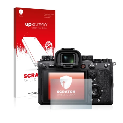 Parte frontal de un envase de producto con el logotipo de la marca upscreen. Al lado se muestra el dispositivo Sony Alpha 1 co