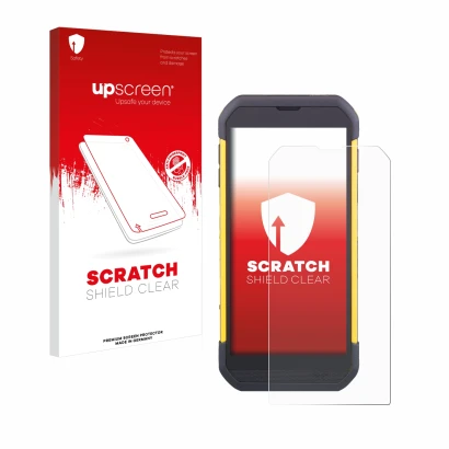Parte frontal de un envase de producto con el logotipo de la marca upscreen. Al lado se muestra el dispositivo Cipherlab RS35