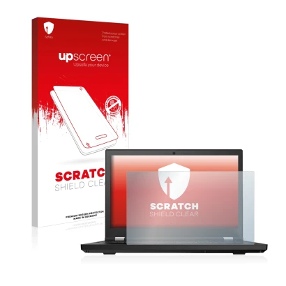 Parte frontal de un envase de producto con el logotipo de la marca upscreen. Al lado se muestra el dispositivo Lenovo ThinkPad