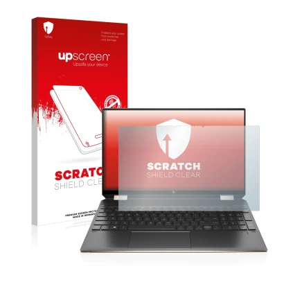 Parte frontal de un envase de producto con el logotipo de la marca upscreen. Al lado se muestra el dispositivo HP Spectre x360