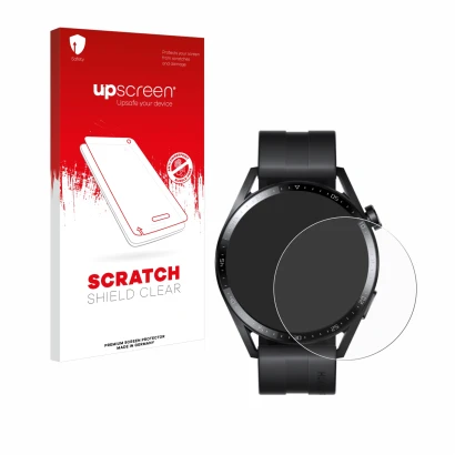 Parte frontal de un envase de producto con el logotipo de la marca upscreen. Al lado se muestra el dispositivo Huawei Watch GT