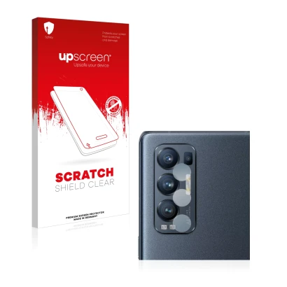 Parte frontal de un envase de producto con el logotipo de la marca upscreen. Al lado se muestra el dispositivo Oppo Find X3 Ne