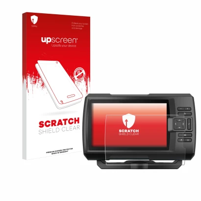 Parte frontal de un envase de producto con el logotipo de la marca upscreen. Al lado se muestra el dispositivo Garmin Striker