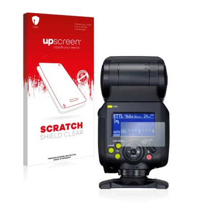 Parte frontal de un envase de producto con el logotipo de la marca upscreen. Al lado se muestra el dispositivo Canon Speedlite